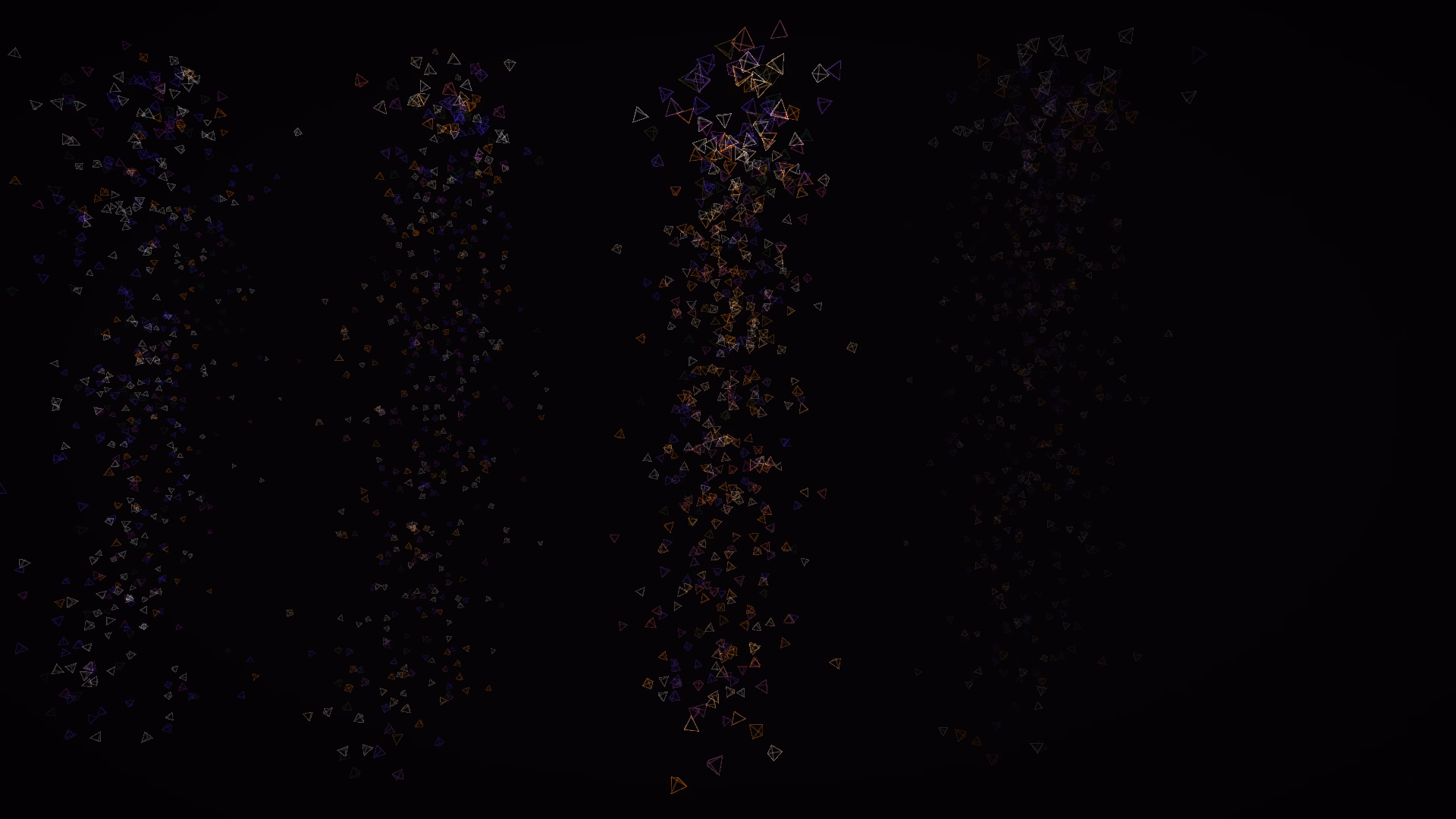 Four columns of outlined violet and amber tetrahedra rising out of the dark, one of them lit