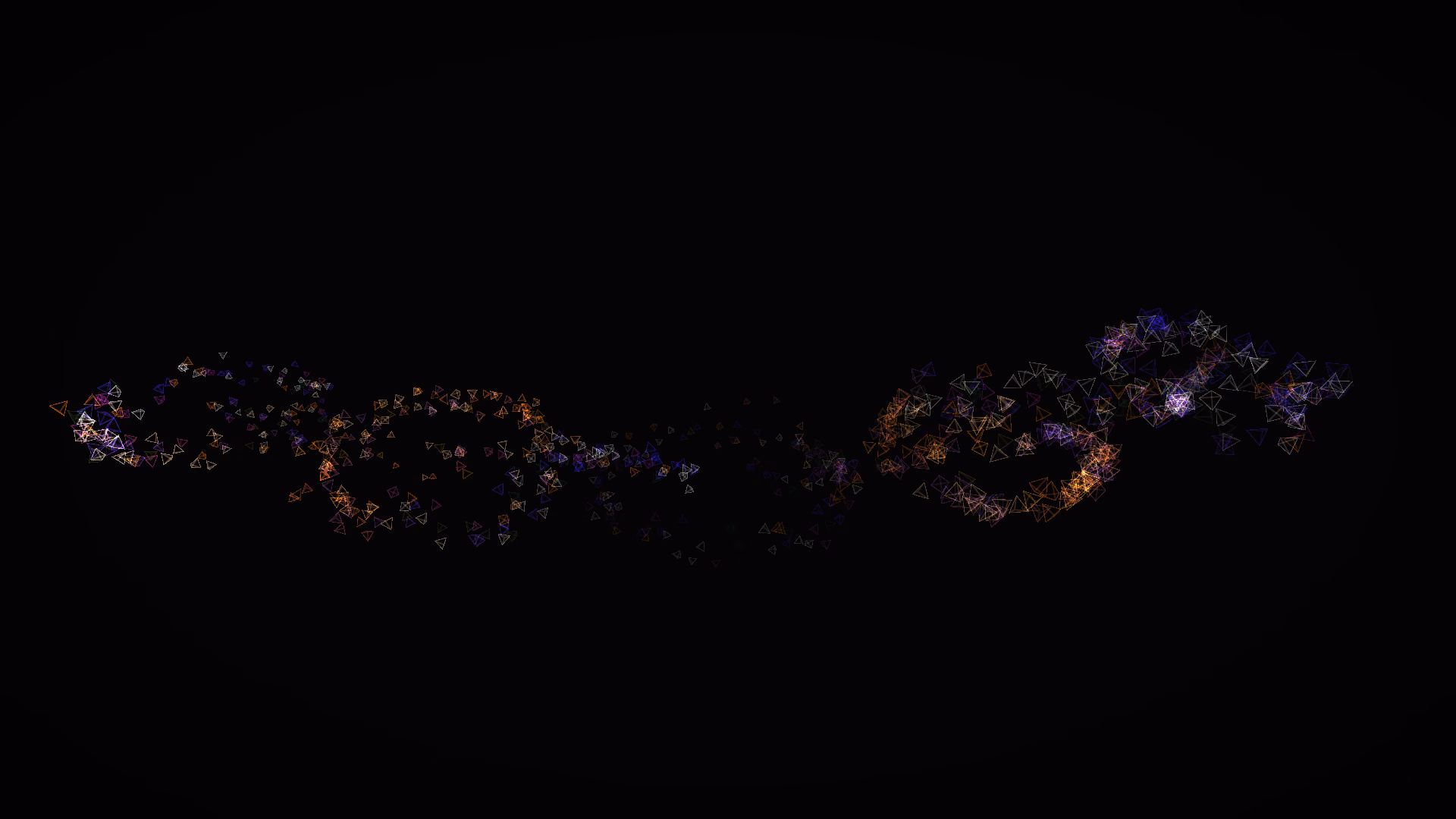 Stations of outlined violet and amber tetrahedra strung along a path curving into the dark