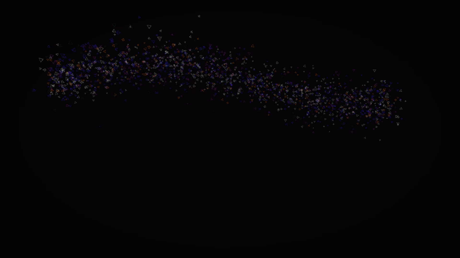 A wide stream of outlined violet and amber tetrahedra flowing across a black field
