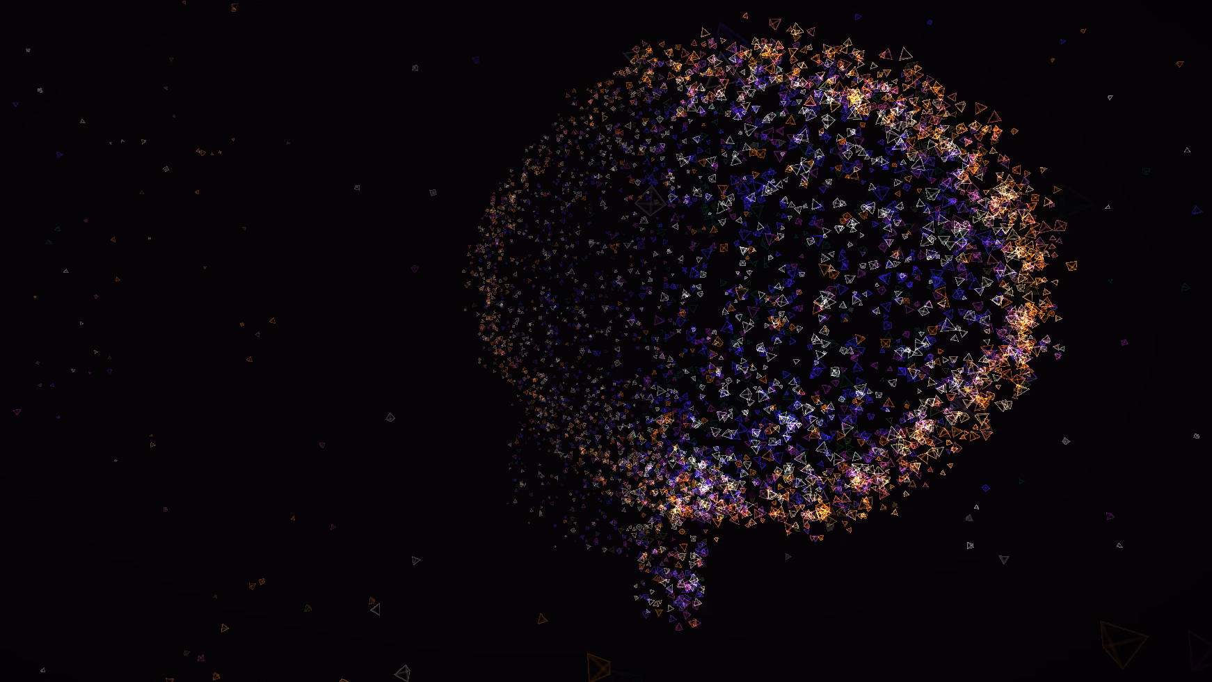 An outlined brain built from thousands of small violet, amber and white tetrahedra on black