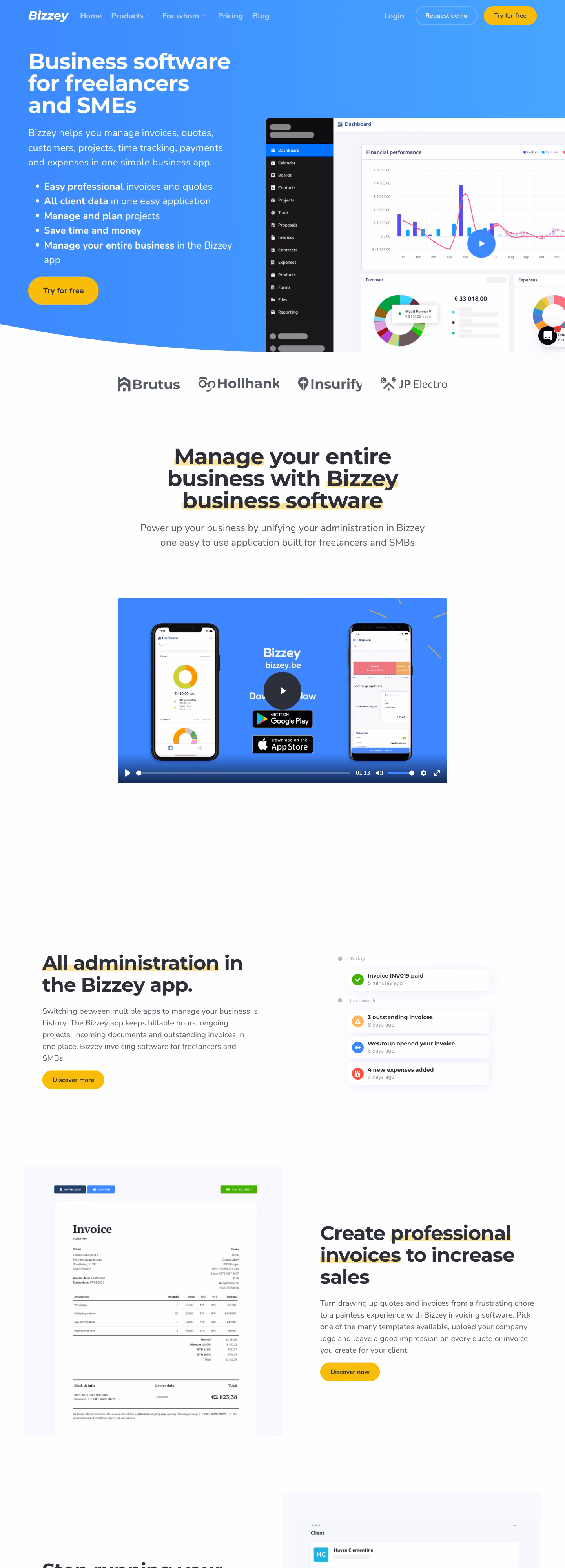 A tall view down the Bizzey home page, through project, time and billing modules