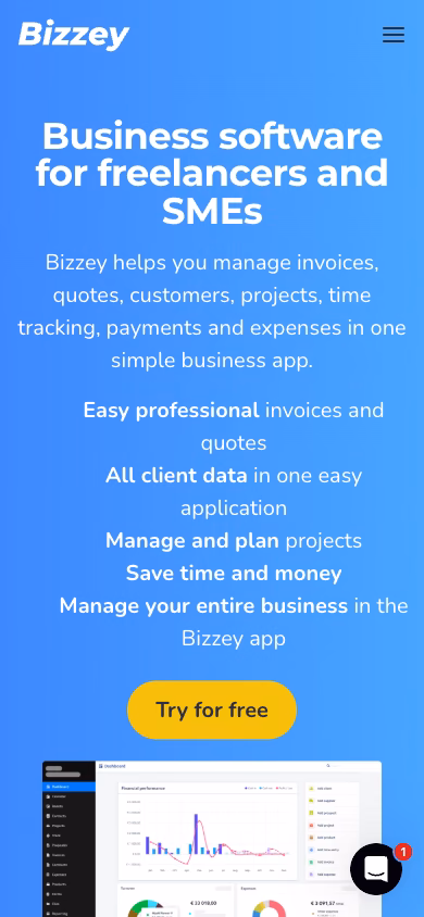 The Bizzey home page at phone width, its all-in-one pitch stacked vertically