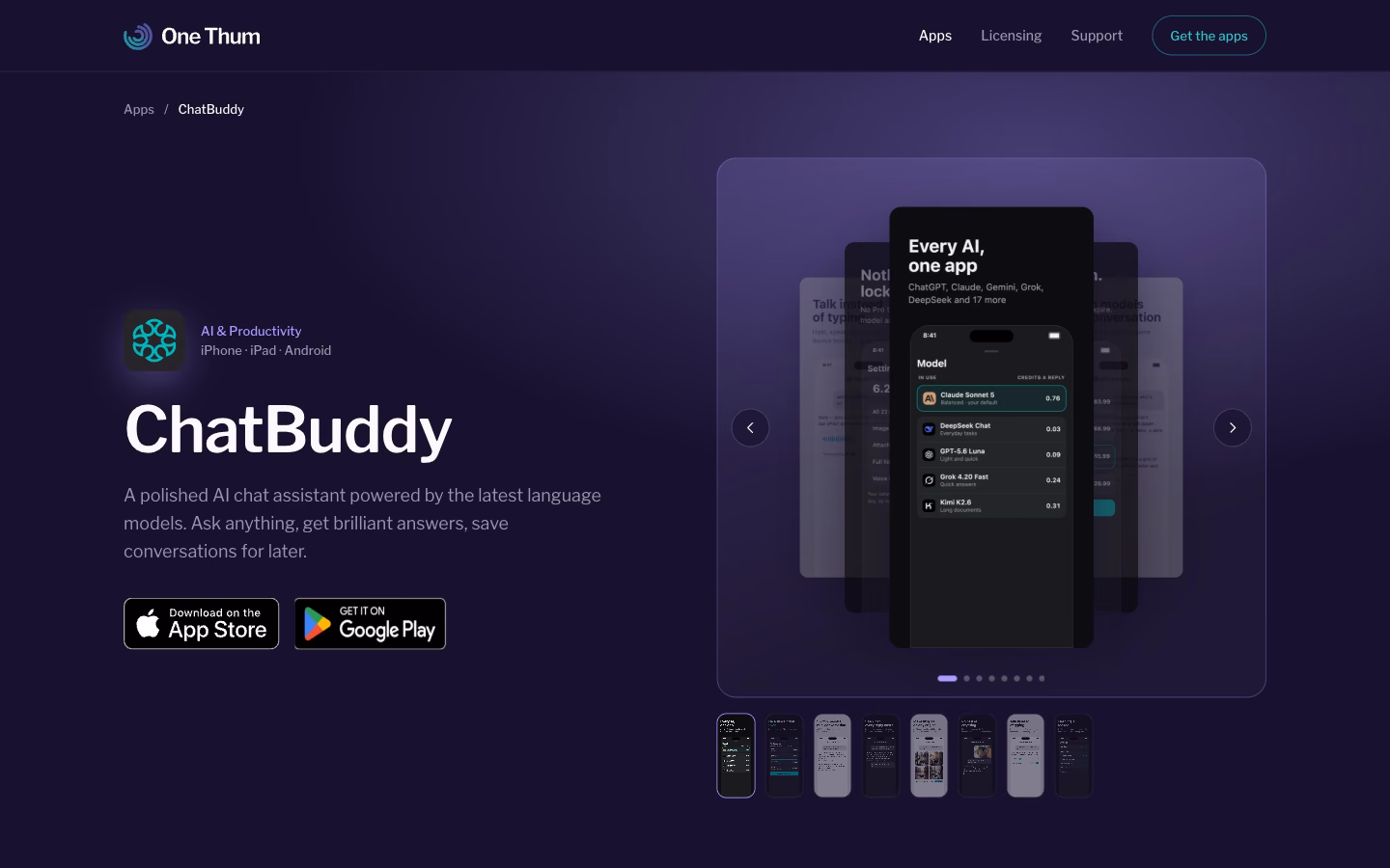 ChatBuddy home page: a dark hero with phone mockups and App Store and Google Play buttons