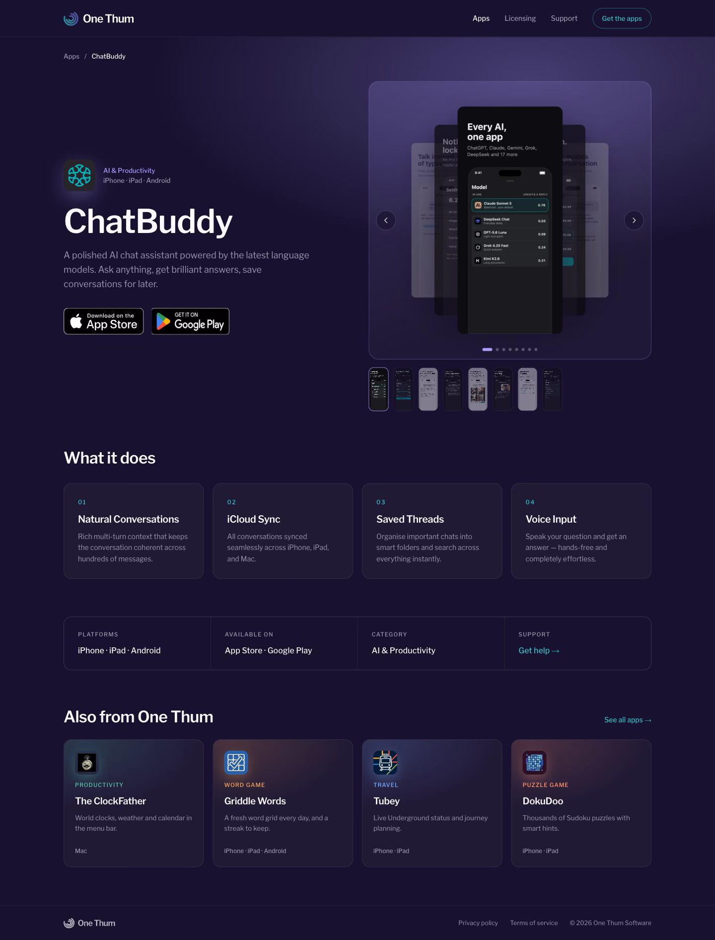 The complete ChatBuddy home page, headline through to the footer
