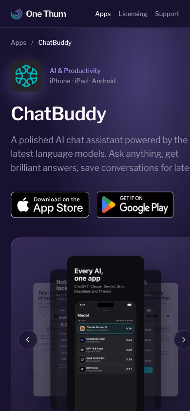 The ChatBuddy home page at phone width, its chat pitch and download button