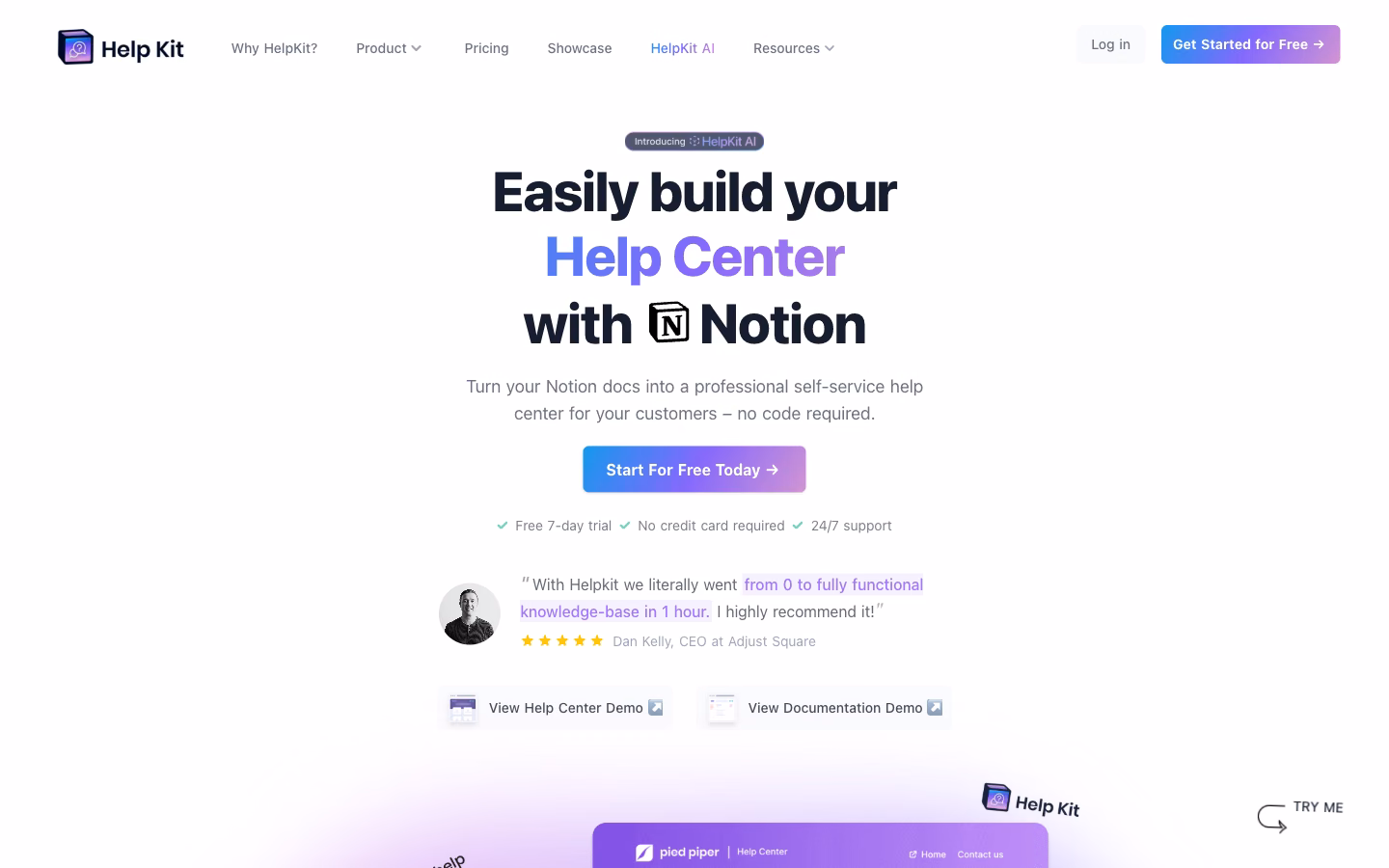 HelpKit home page: building a help center out of Notion pages, above a customer quote