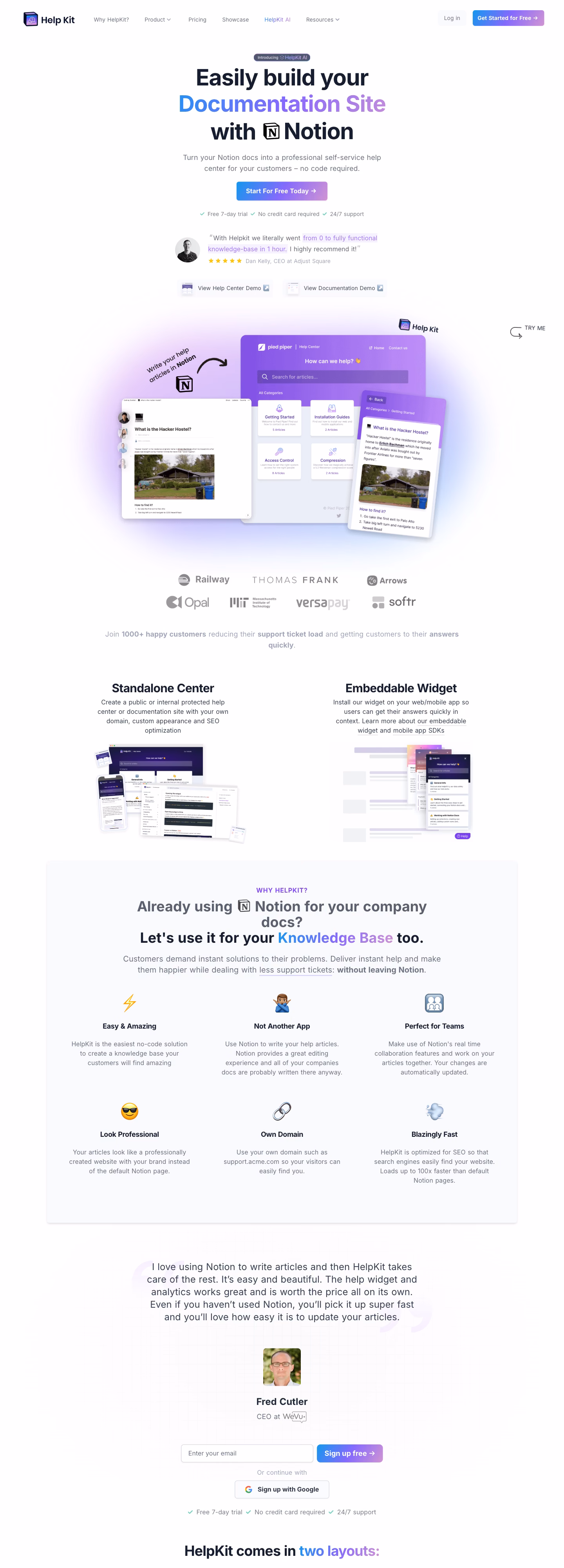 A tall view down the HelpKit home page, through its themes and feature blocks