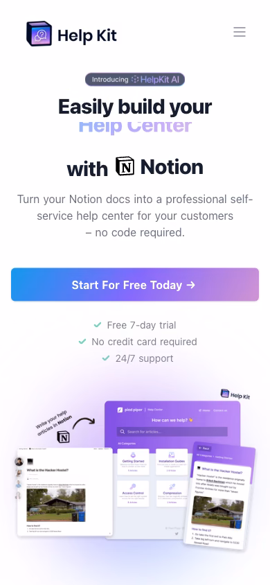 The HelpKit home page at phone width, help-center headline above the fold
