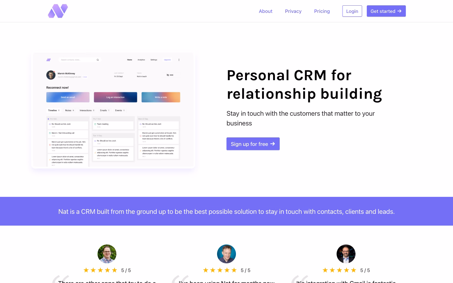 Nat.app home page: a personal CRM for relationship building, beside a contact list preview