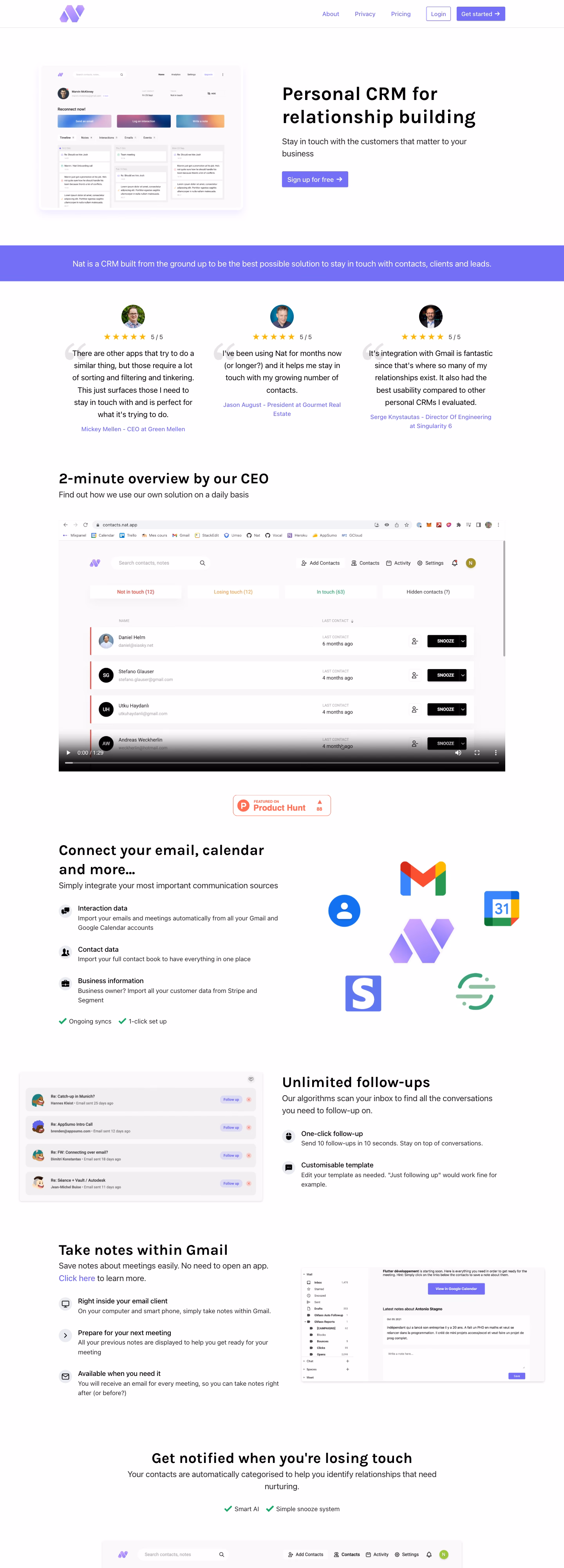 A tall view down the Nat.app home page, past reminders and contact grouping