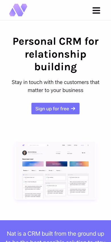 The Nat.app home page at phone width, its relationship pitch above the fold