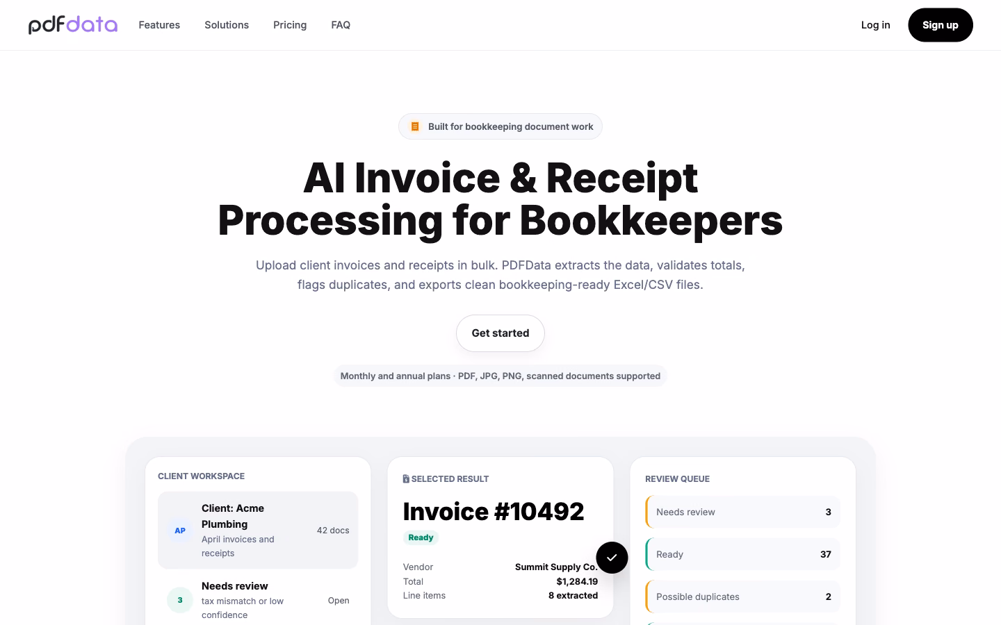 PDFData home page: an extracted invoice card beside a review queue of ready and flagged documents