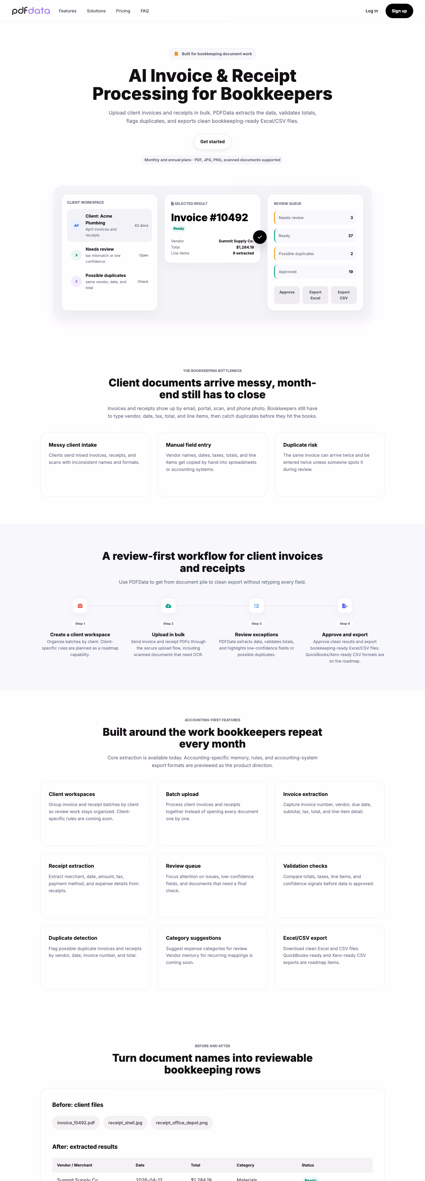 A tall view down the PDFData home page, past how it works and into pricing