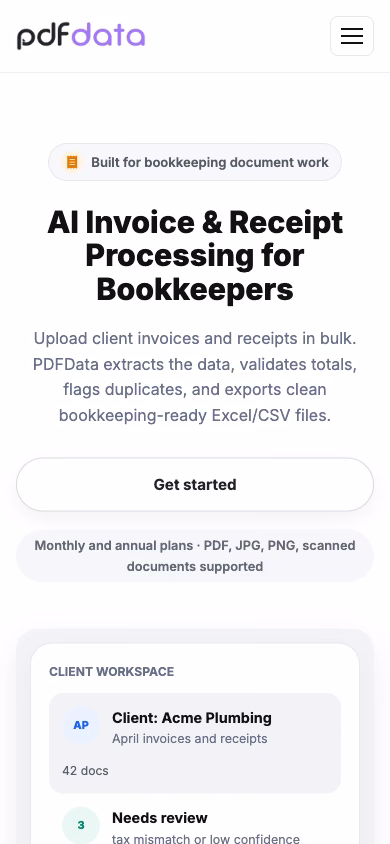 The PDFData home page at phone width, extraction headline above the fold