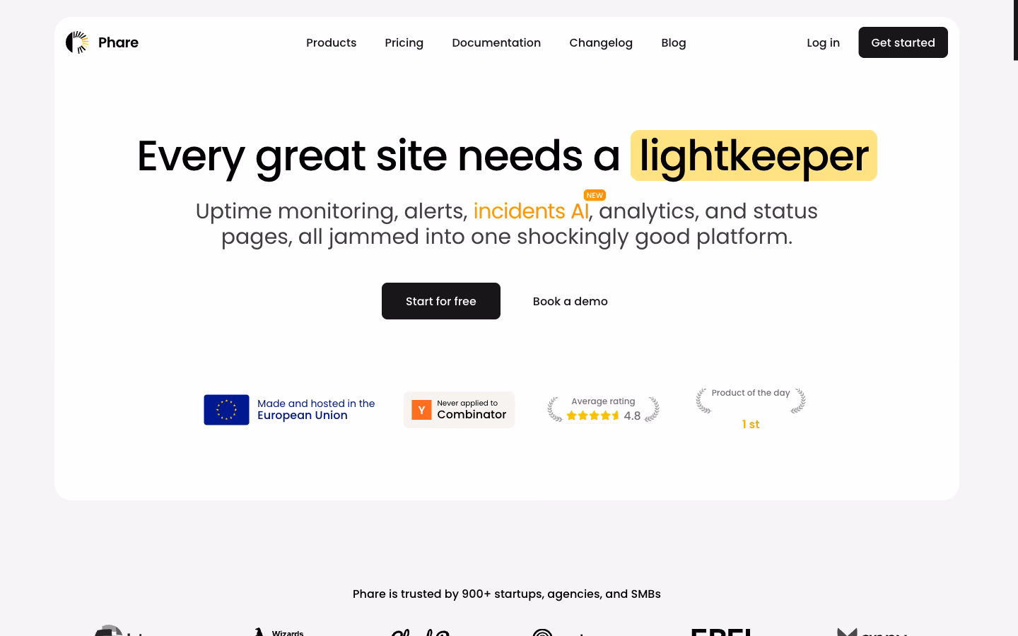 Phare home page: uptime monitoring, alerts, analytics and status pages on one platform