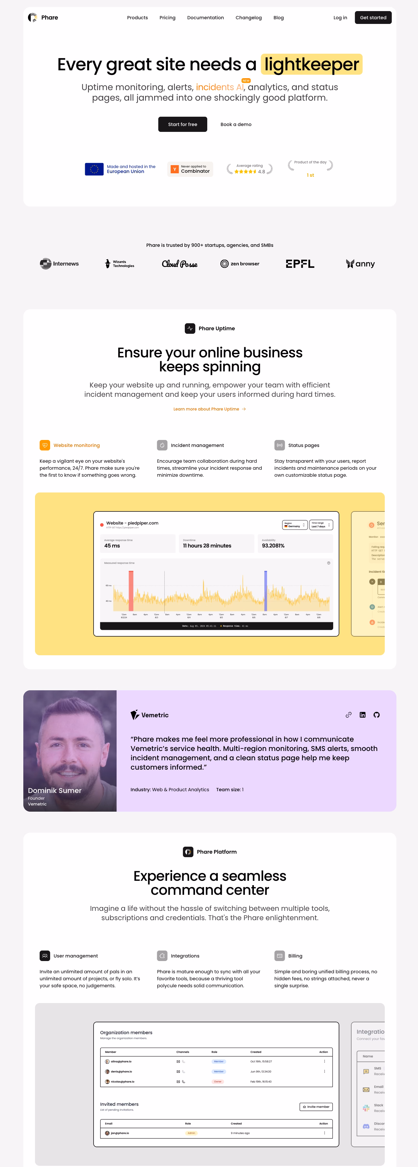 A tall view down the Phare home page, through monitors, alerts and status pages