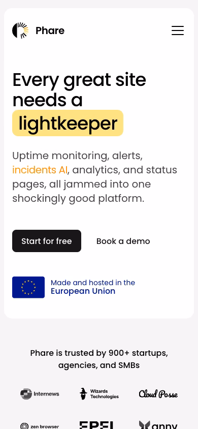 The Phare home page at phone width, monitoring headline above the fold