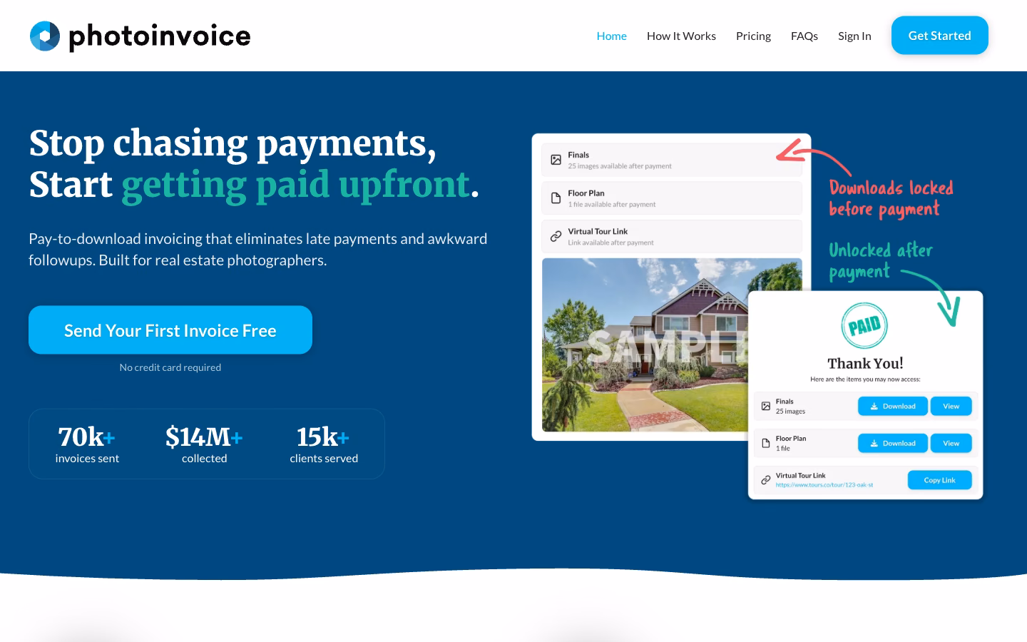 PhotoInvoice home page: pay-to-download invoicing for photographers, with volume and payout figures