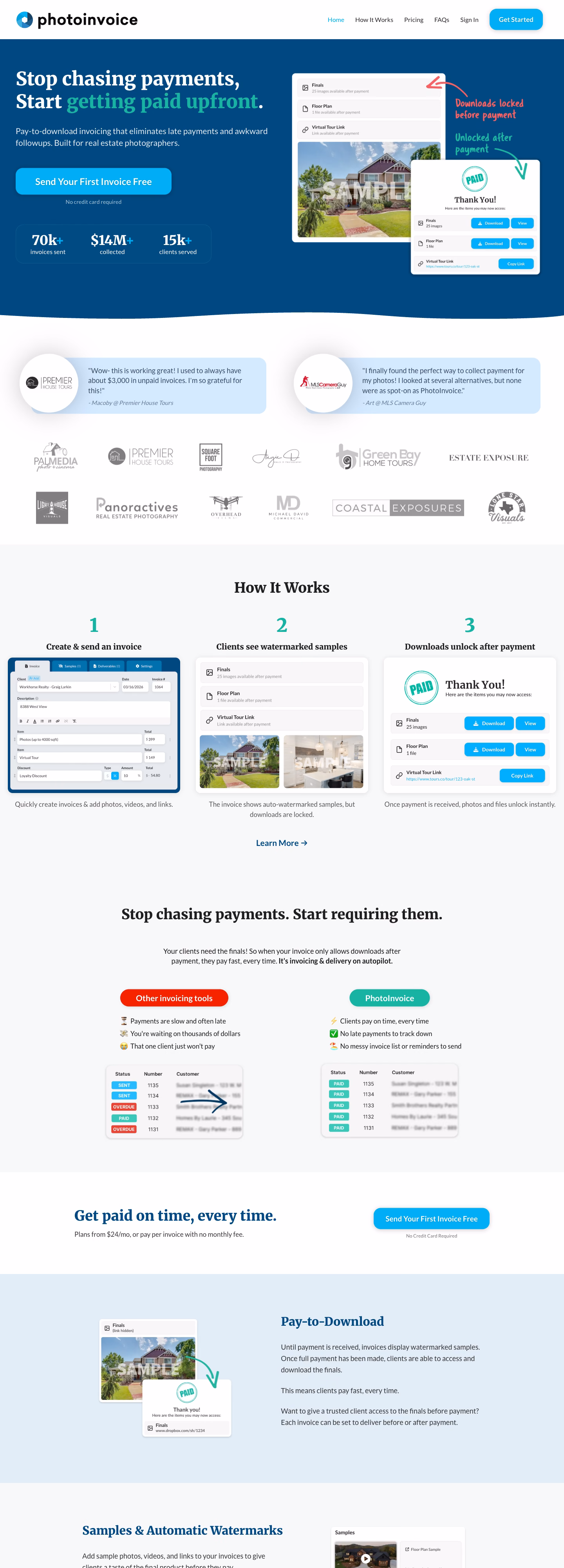 A tall view down the PhotoInvoice home page, through delivery and billing steps