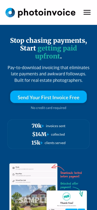 The PhotoInvoice home page at phone width, its invoicing pitch in one column