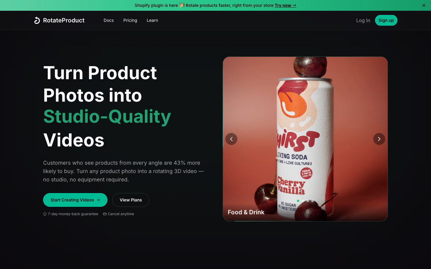 RotateProduct home page: product photos turned into studio-quality video, with a drink can example