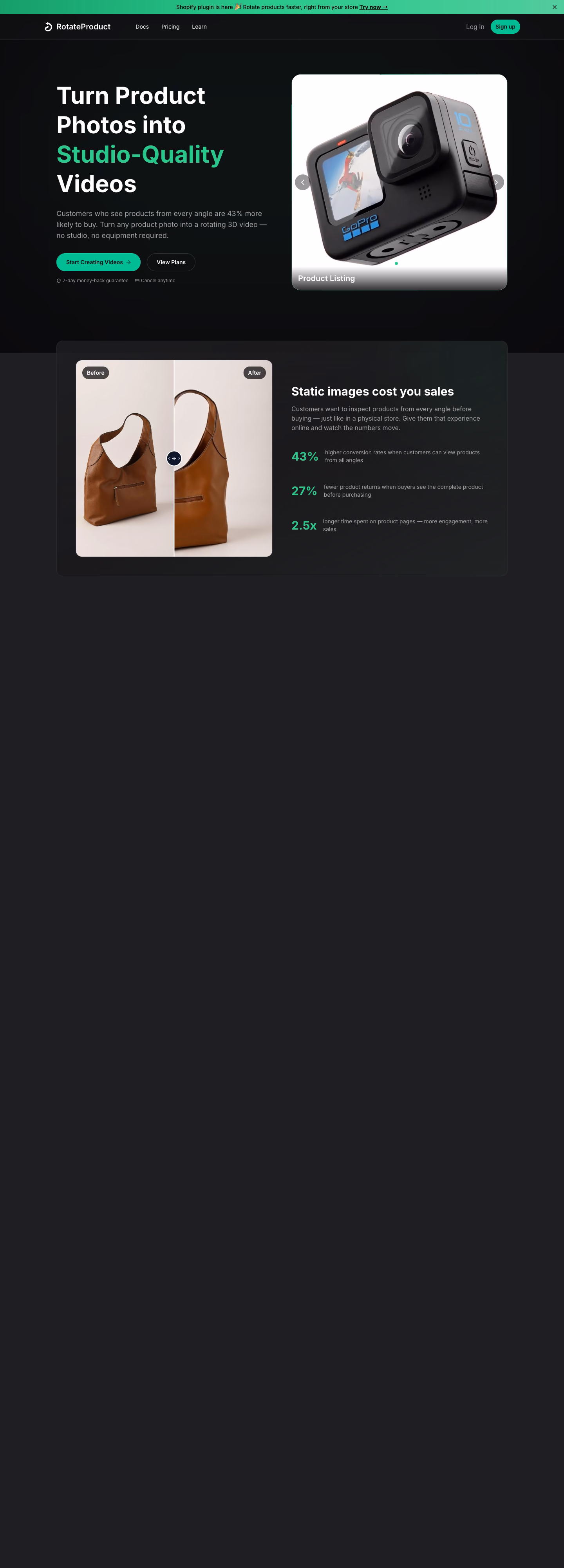A tall view down the RotateProduct home page, through samples and pricing