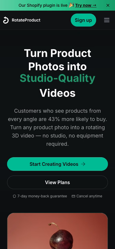 The RotateProduct home page at phone width, its video pitch above the fold