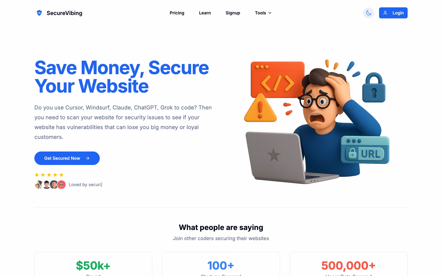 SecureVibing home page: website security scanning, beside an illustration of a worried developer