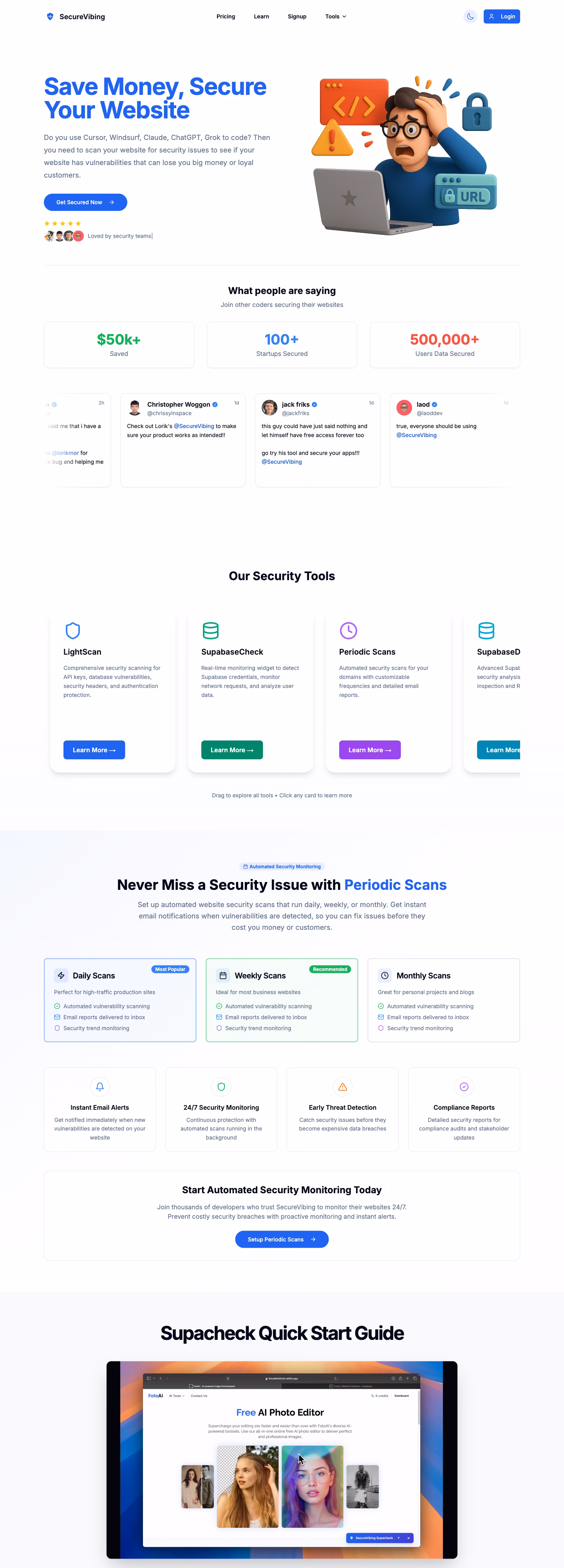 A tall view down the SecureVibing home page, past scan results and pricing