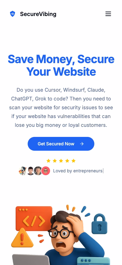 The SecureVibing home page at phone width, its scanning pitch in one column