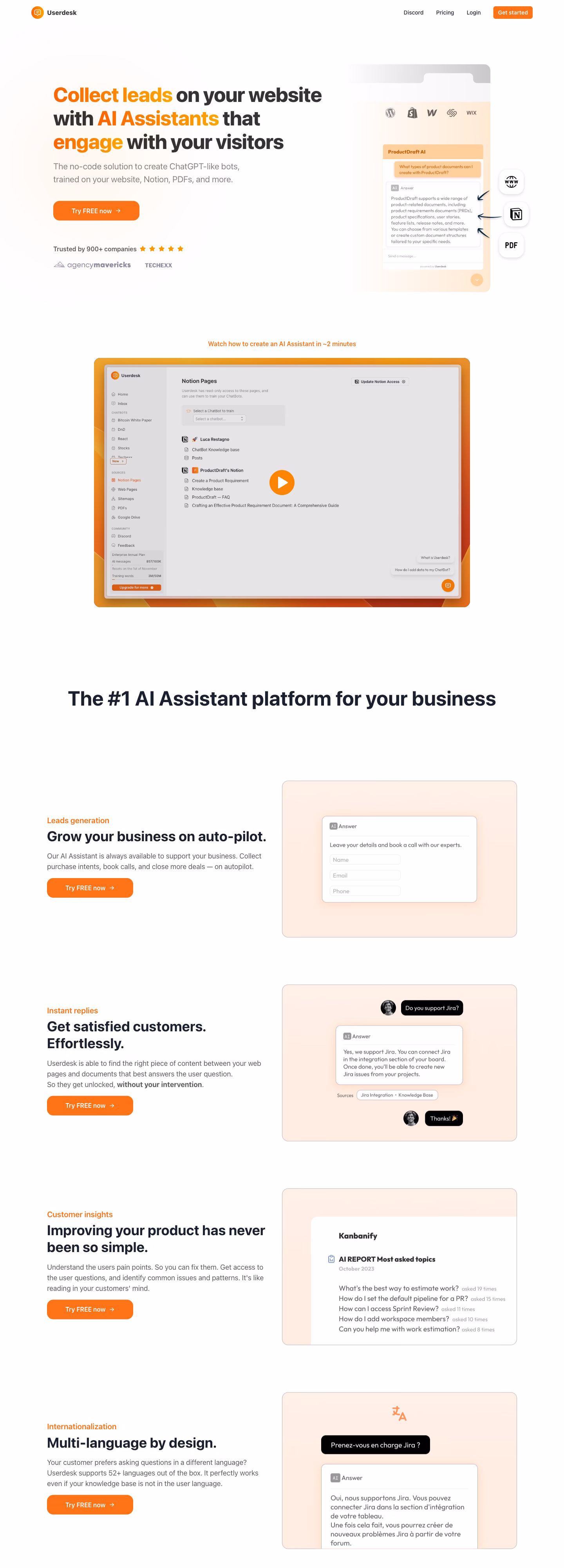 A tall view down the Userdesk home page, from the headline into its use cases