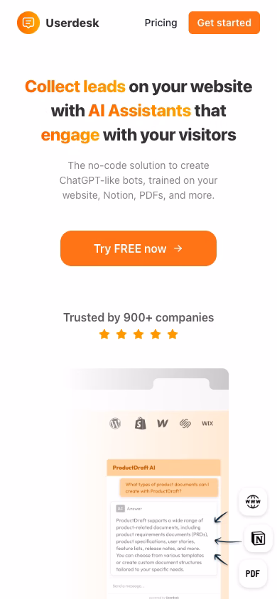 The Userdesk home page at phone width, assistant headline and sign-up button