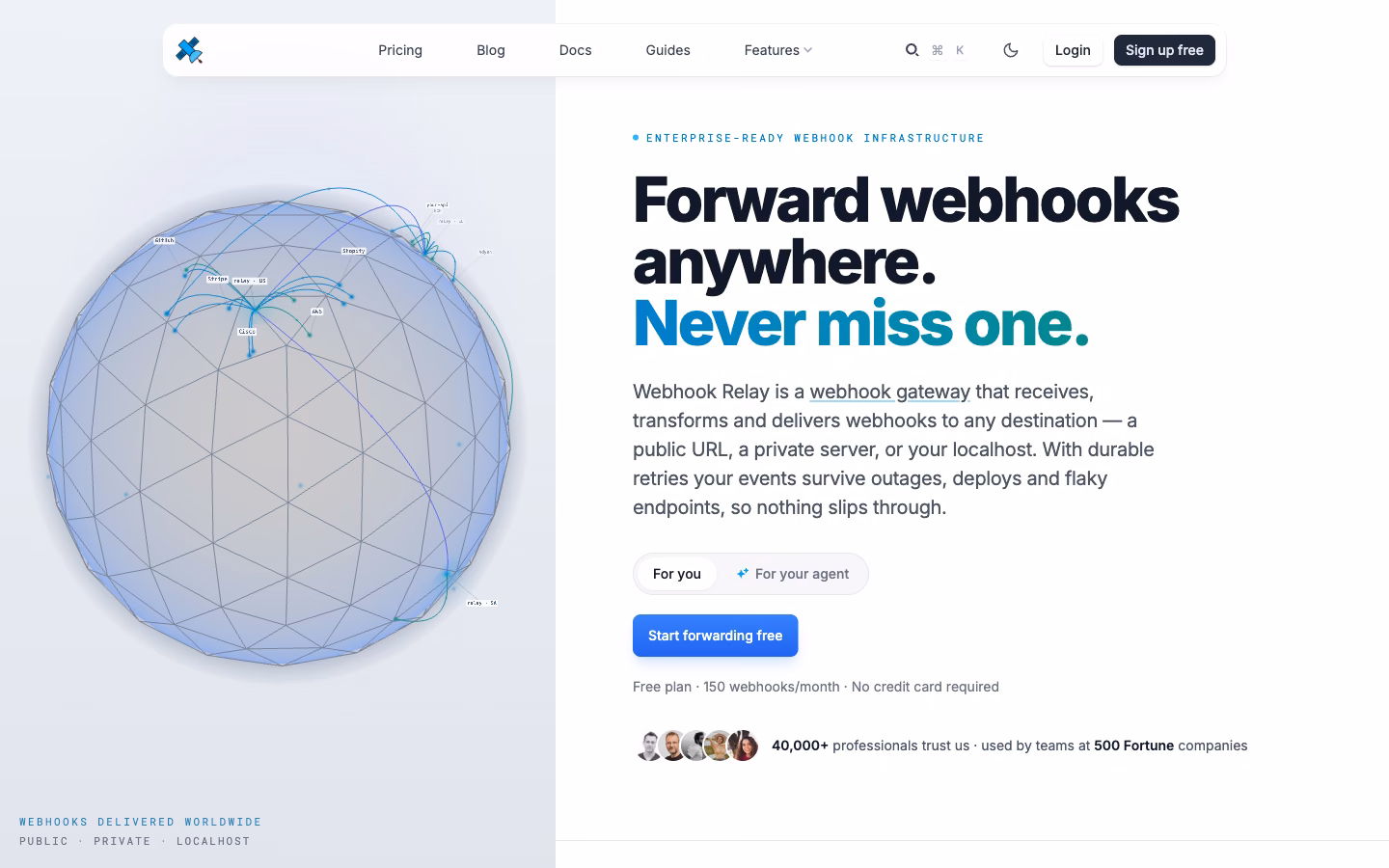 Webhook Relay home page: forwarding webhooks anywhere, beside a wireframe globe of connections