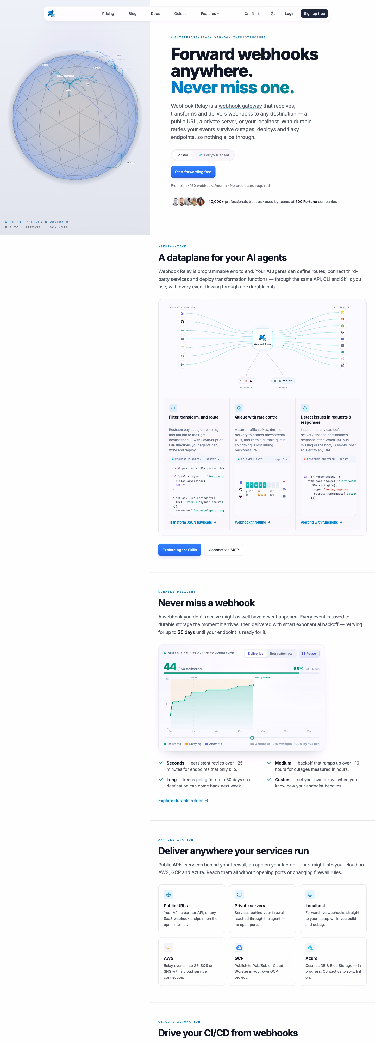 A tall view down the Webhook Relay home page, past its routing and CLI sections