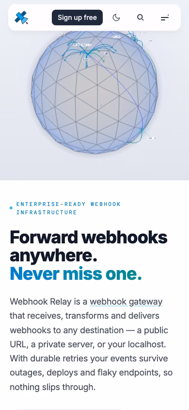 The Webhook Relay home page at phone width, tunnel and relay pitch in a column