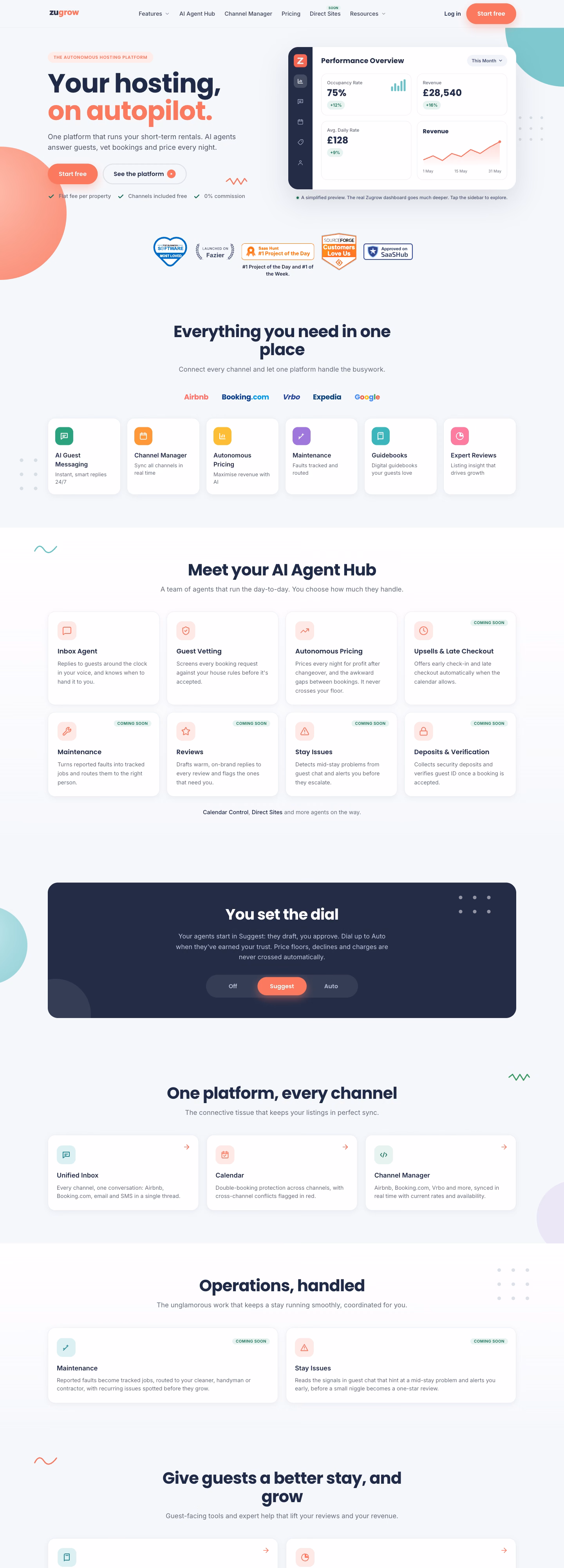 A tall view down the Zugrow home page, through its agent and workflow sections